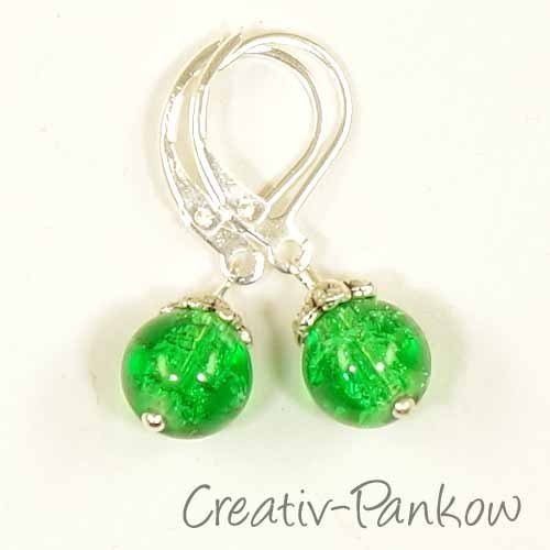 Silberfarbene Ohrhänger "Grüne Crackle-Perlen" 8mm