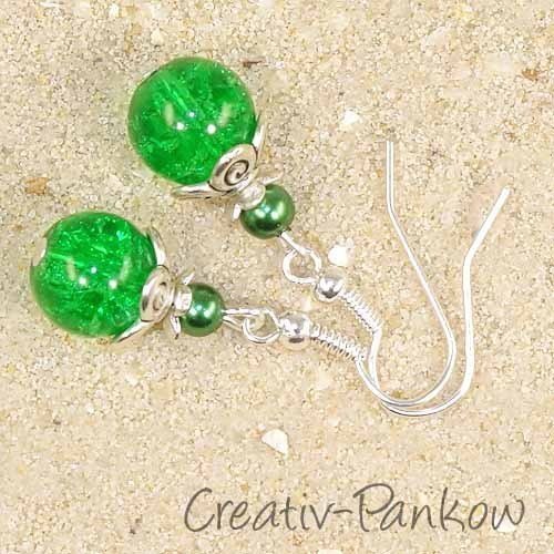 Silberfarbene Ohrhänger "Grüne Crackle-Perlen" 10mm