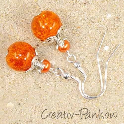 Silberfarbene Ohrhänger "Orange Crackle-Perlen" 10mm