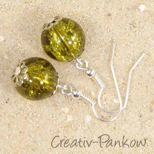 Silberfarbene Ohrhänger "Olivegrüne Crackle-Perlen" 12mm