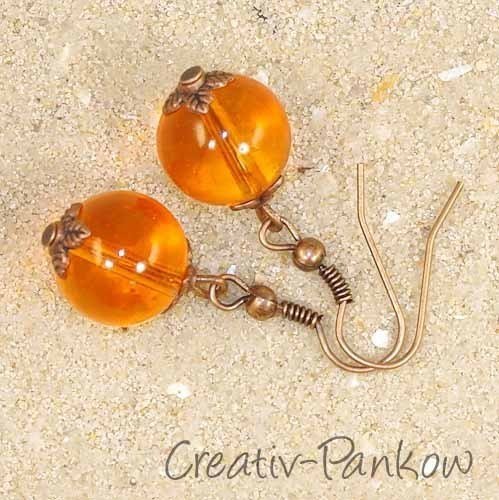 Kupferfarbene Ohrhänger "Orange Glas-Perlen" 12mm