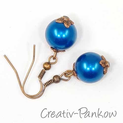 Kupferfarbene Ohrhänger "Blaue Glaswachs-Perlen" 12mm
