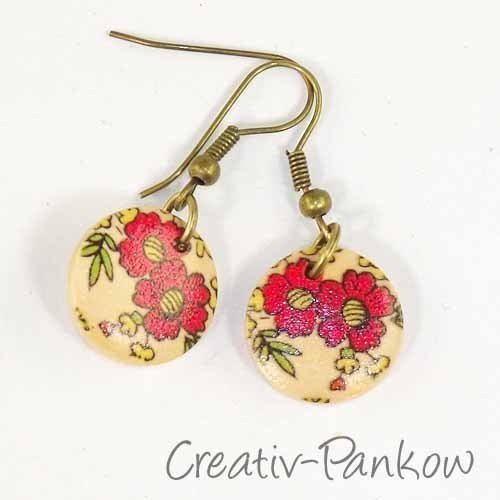 Paar Ohrringe "Rote Blumen auf Holz"