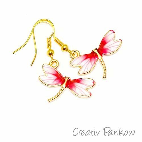 Goldfarbene Ohrhänger "Pinke Libelle"